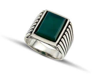 Sterling Silver 925 Men Silver Ring with a Rectangle agate Stone