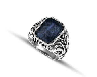 Bague pour homme en argent massif 925 avec pierre de sodalite