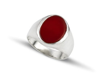 Unisex Sterling Silver Ring with Oval carnelian Gemstone