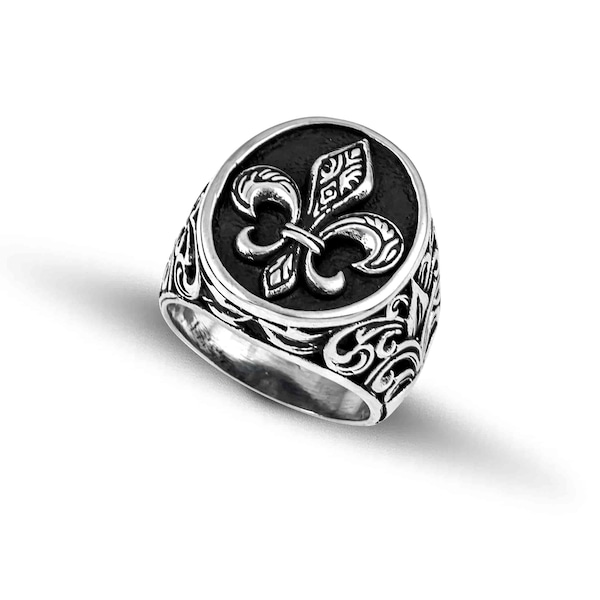 Bague pour homme en argent massif ornée d'une fleur de lis