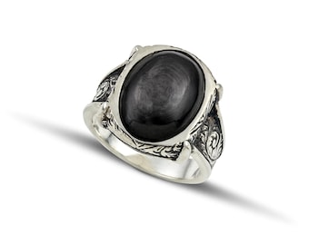 Men sterling silver 925 ring with hypersthene stone