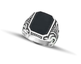 Bague pour homme en argent massif 925 avec pierre d'onyx