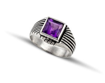 Bague pour homme en argent massif 925 avec pierre d'améthyste