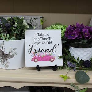 May include: A white square sign with black text that reads "It Takes A Long Time To Grow An Old Friend". The sign has a pink car with flowers on it and is sitting on a shelf with potted plants.