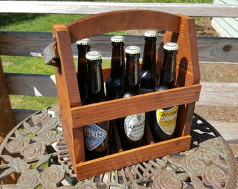 Rustic Beer Caddy with Bottle Opener (Holds 6 bottles of beer or soda)