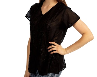 Black Rose Embroidered Short Ruffle Sleeve Top, Boho, Handmade Embroidered Top, Cottage Core Black Top, Women Gift, Chic Blouse, Wholesale