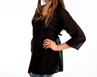 Black Embroidered Boho 3/4 Sleeve Tie-back Top, Black Cotton Blouse, Cotton Dress Shirt, Gift Women, Gift for Girlfriend, Evening Blouse
