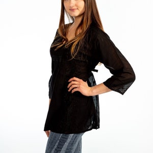 Black Embroidered Boho 3/4 Sleeve Tie-back Top, Black Cotton Blouse, Cotton Dress Shirt, Gift Women, Gift for Girlfriend, Evening Blouse