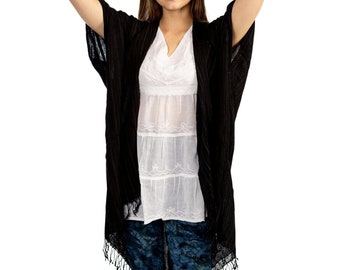 Black Cotton Cardigan, Cotton Fringe Kimono, Beach Wear Cover Up, Gift for Girlfriend, Gift for Mom, Light Jacket, Wedding Cover, Vacation