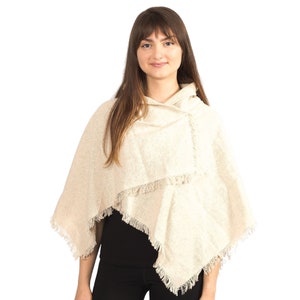 Off White Cotton Poncho with Fringe, Cold Weather Poncho, Winter Shawl, Fall Wrap, Fall Apparel, Plus Size Poncho, Winter Poncho, Gift Women