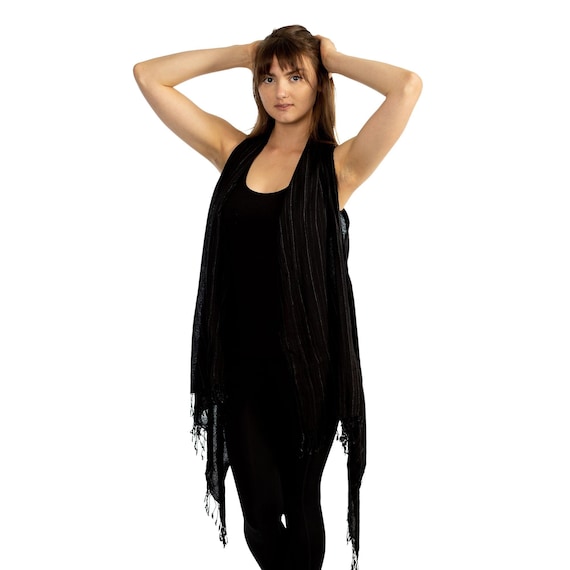 Evening Wear Kimono, Vacation Wear Kimono with Fringe, Cover Up for Sleeveless Dress, Plus Size Long Vest, Maxi Festival Cardigan