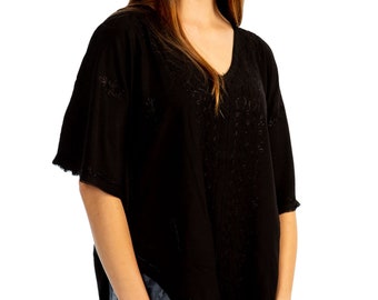 Black Hand Embroidered Butterfly Top, Boho Chic Embroidered Top, Soft Cotton Shirt, Evening Dress Blouse, Women Gift, Hippie Boho, Plus Size