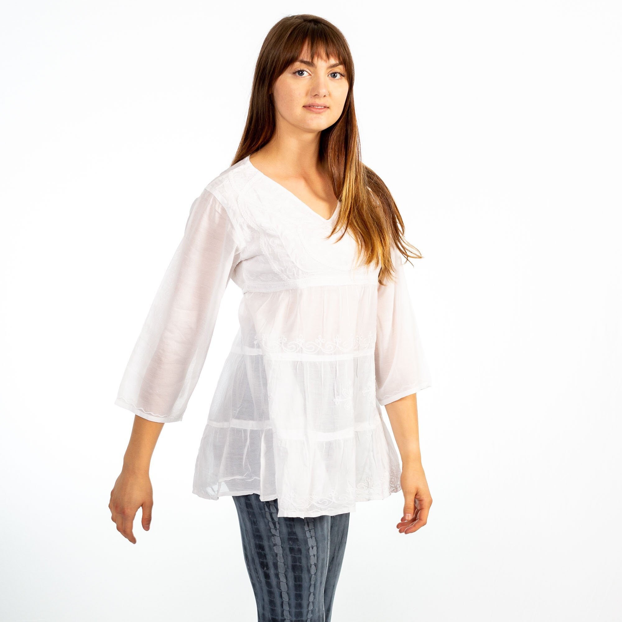 White Bohemian Embroidered Clover 3/4 Sleeve Tie-back Top, Sheer Boho Hippie Style Shirt, Cotton Dress Blouse, Women Gift, Girlfriend Gift