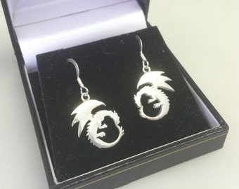 Sterling Silver Dragon Drop Earrings - Mythical Creature