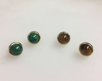 9ct Yellow Gold Stud Earrings - Tigers Eye or Malachite Earrings