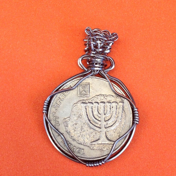 Wire wrapped menorah coin from Israel