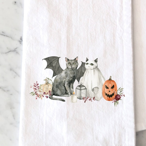 Halloween Pets Kitchen Towel - Fall Tea Towel - Halloween Cats in Costume Kitchen Decor - Flour Sack Dish Towel - Cat Lover Fall Farmhouse