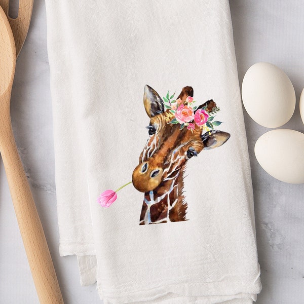Watercolor Giraffe Tea Towel - Giraffe Flour Sack Towel - Cotton Giraffe Kitchen Towel - You Bet Giraffe - Floral Giraffe Kitchen Decor