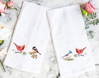 Bird Lover's Flour Sack Towel Gift - Cardinal Tea Towel - Chickadee Tea Towel - Titmouse Tea Towel - Gift for Bird Watcher