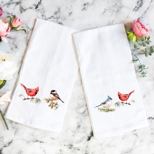 Bird Lover&#39;s Flour Sack Towel Gift - Cardinal Tea Towel - Chickadee Tea Towel - Titmouse Tea Towel - Gift for Bird Watcher