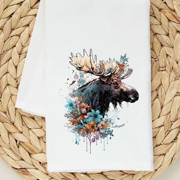 Floral Moose Flour Sack Towel - Cabin Decor - Mountain Retreat Decor - Moose Tea Towel - Nature Lover Gift - Cotton Moose Dish Towel