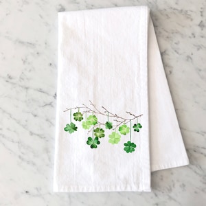 St. Patrick&#39;s Day Flour Sack Towel with Shamrocks - Clover Kitchen Towel - Shamrock Decor Tea Towel- Kitchen Decor for St Patty&#39;s Day