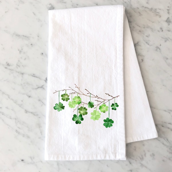 St. Patrick's Day Flour Sack Towel with Shamrocks - Clover Kitchen Towel - Shamrock Decor Tea Towel- Kitchen Decor for St Patty's Day