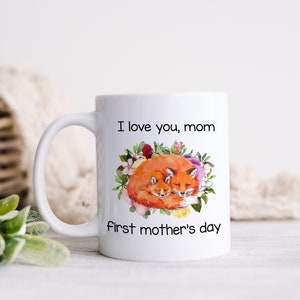 Personalized Mama and Baby Fox First Mother&#39;s Day Coffee Mug - Watercolor Mama Fox Coffee Mug - Mother&#39;s Day Coffee Mug