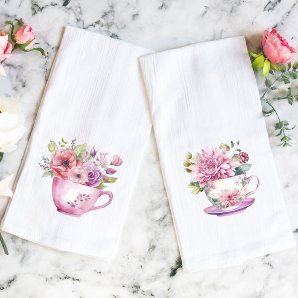 Pink Floral Teacup Tea Towel - Mothers Day Gift - Tea Cup Collector Gift - Gift for Tea Lover - Floral Kitchen Decor - Tea Time Flour Sack