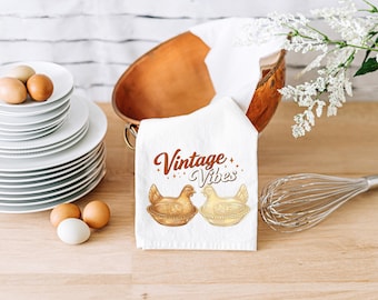 Farmhouse Kitchen Towel | Retro Glass Hen on Nest Decor | Cottagecore Kitchen | Chicken Lover Gift | Vintage Decor Lover Gift