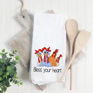 Funny Chickens Tea Towel - Whimsical Hens Kitchen Towel - Bless Your Heart Flour Sack Towel Gift - Farmhouse Kitchen Decor - Chicken Lover