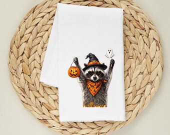 Halloween Raccoon Flour Sack Towel | Funny Trick or Treat Kitchen Towel | Cute Raccoon Halloween Decor | Spooky Cotton Tea Towel |