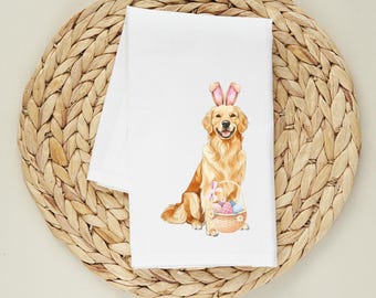 Easter Golden Retriever Flour Sack Towel | Bunny Dog Kitchen Towel | Spring Dog Lover Decor
