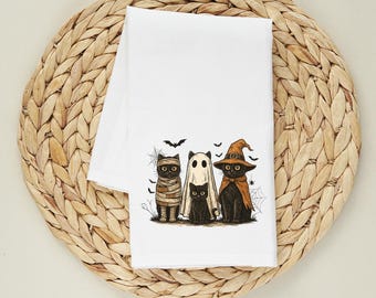 Serviette pour sac de farine avec chats d'Halloween – torchon de cuisine effrayant chat noir, conception de momie fantôme sorcière d'automne, décoration d'Halloween mignonne