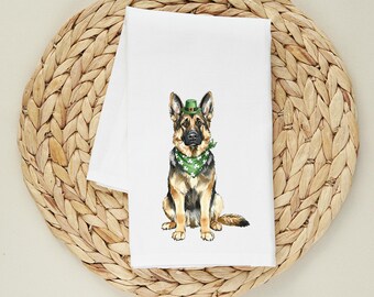 German Shepherd St. Patrick’s Day Flour Sack Towel – Lucky Dog Kitchen Towel – Irish Shamrock Decor – Gift for Dog Lovers
