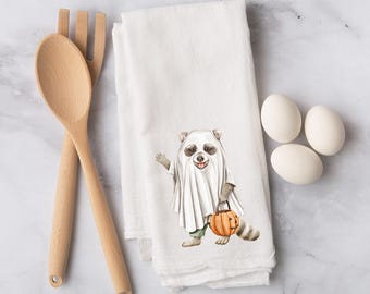 Ghost Raccoon Flour Sack Towel | Cute Halloween Kitchen Towel | Funny Trick or Treat Raccoon | Spooky Cotton Tea Towel | Fall Kitchen Decor