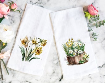Spring Daffodil Flour Sack Towel - Spring Tea Towel - Watercolor Spring Floral Kitchen Towel - Farmhouse Kitchen - Spring Decor