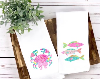 Coastal Flour Sack Towels, Beach House Decor, Destination Wedding Gift, Preppy Tropical Tea Towels, Crab Fish Kitchen Decor, Beach Trip Gift