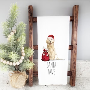 Santa Paws Golden Retriever Flour Sack Towel - Christmas Pup Tea Towel - Gift for Golden Lover - Dog Mom Gift - Holiday Kitchen Towel