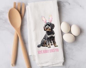 Black Doodle Easter Flour Sack Towel – Some Bunny Loves You Tea Towel - Doodle Dog Mom Gift - Easter Kitchen Towel for Dog Lovers