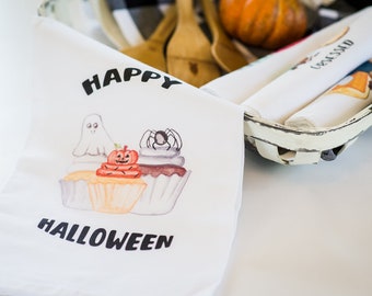 Happy Halloween Cupcake Tea Towel - Halloween Kitchen Decor - Holiday Dishtowel - Fall Decor - Flour Sack Towel