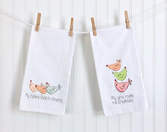 Funny Chicken Kitchen Towel Set | Farmhouse Flour Sack Towels | Chicken Mom Gift | Backyard Chicken Decor | Farm Kitchen Gift