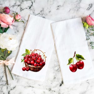 Cherry Flour Sack Towels – Single or Set – Basket of Cherries - Cherry Decor - Cherries Tea Towel - Spring Kitchen Towel