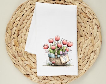 Mothers Day Tulip Basket Flour Sack Towel - Floral Kitchen Towel - Gift for Mom - Spring Kitchen Decor - Garden Lover Gift