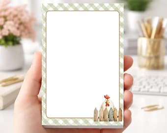 Chicken Notepad, Funny Hen Stationery, Farmhouse Memo Pad, Green Gingham Notepad, Chicken Lover Gift, Country Kitchen Gift