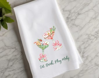 Christmas Mahjong Towel, Eat Drink Play Mahj Kitchen Towel, Mahjong Gift for Women, Holiday Mah Jong Gift, Mahjong Hostess Gift