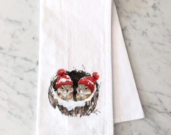 Winter Squirrel Flour Sack Towel – Cozy Woodland Kitchen Decor - Gift for Nature or Squirrel Lover - Cotton Tea Towel
