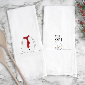 Funny Christmas Flour Sack Towel - Winter Snowman Decor - Adult Theme Tea Towel - Oh Sh*t Dish Towel - Kitchen Decor