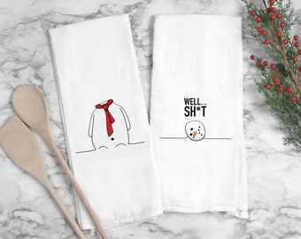 Funny Christmas Flour Sack Towel - Winter Snowman Decor - Adult Theme Tea Towel - Oh Sh*t Dish Towel - Kitchen Decor