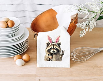 Peace, Coffee, & Chaos – Funny Raccoon Spring Kitchen Decor - Easter Raccoon Tea Towel